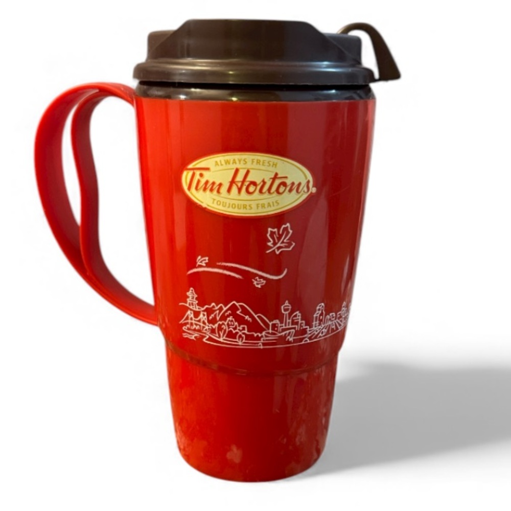 Tim Hortons 2010 Red Plastic Thermo-Serv Canadian Skyline Travel Coffee Mug